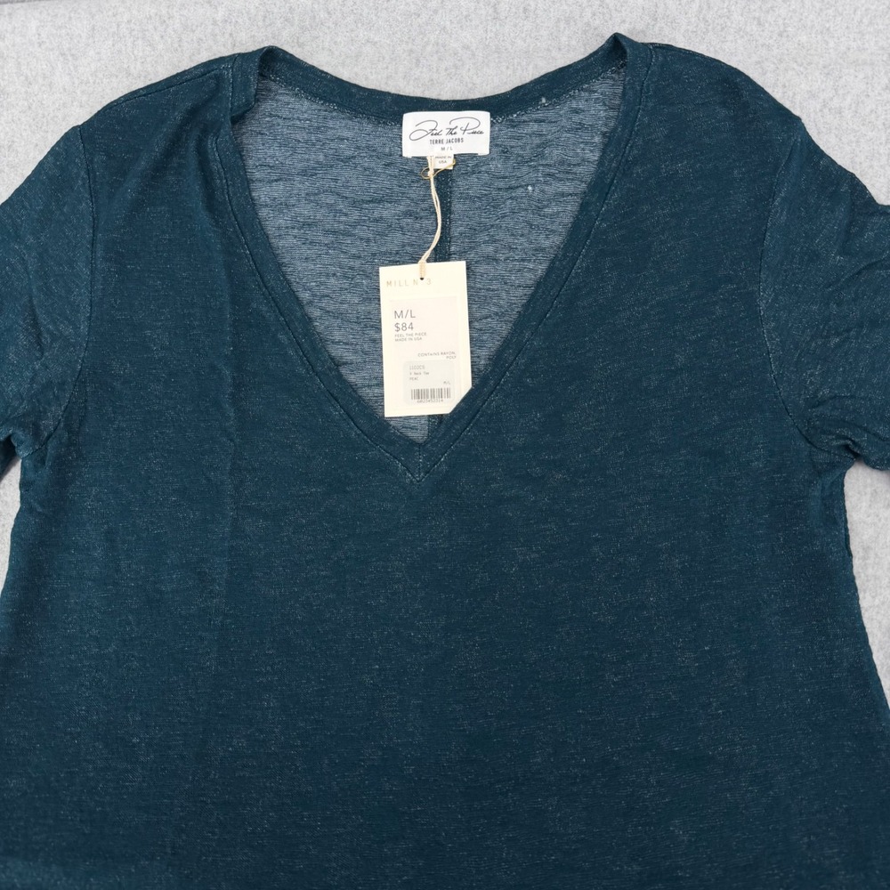 Feel The Piece Terre Jacobs V Neck Tee Peacock Blue Slub Knit Top M/L NWT
